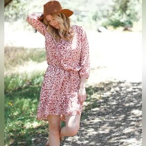 CAbi Sienna Rust Animal Print Dress Drawstring Ruffle Large L Boho Leopard Flowy